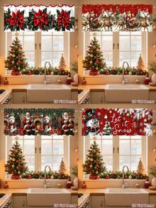 1 Buah Tirai Valance Natal Poliester, Motif Poinsettia, Santa, dan Manusia Salju, Valance Dapur, Tirai Jendela Pendek dengan Kantong Batang untuk Dekorasi Rumah Liburan Natal - MultiWarna - View 3