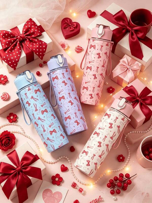 1pc/5pcs 750ml Red Bow Pattern Printed Sports Water Bottle, Flip Lid Design, Reusable Lightweight Leak-Proof Portable Travel Cup, Suitable For Daily Use, Hiking And Outdoor Sports