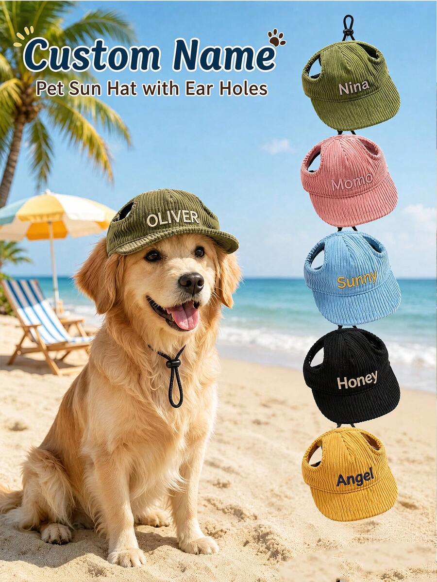 Customizable Embroidered Dog Hat With Ear Holes, Personalized Corduroy Pet Baseball Cap, Customizable Name Pet Hat, Adjustable Dog Sun Hat, Suitable For Small, Medium And Large Dogs, Dog Gift, Suitable For Dog Party, Beach Walk, Camping - Multicolor - View 1