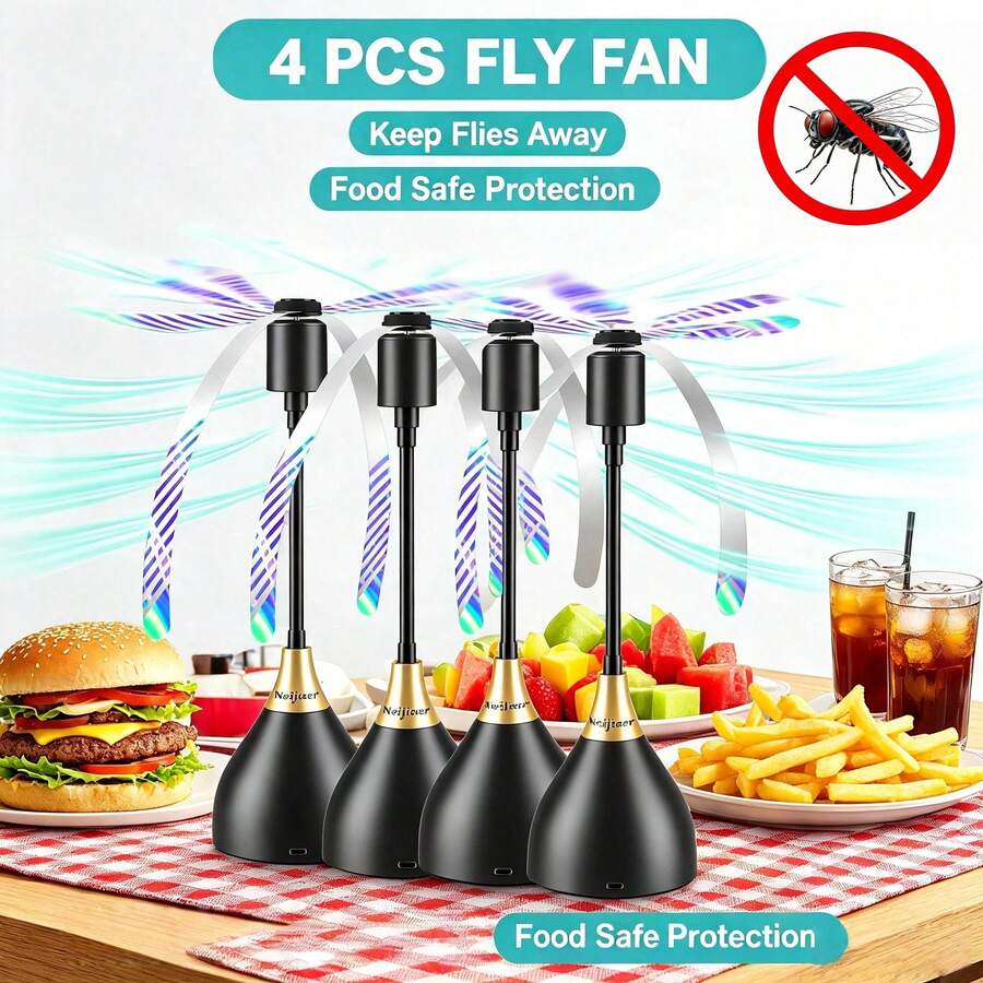 4 Pack Table Fly Repellent Fan, Foldable Reflective Blade Fan With Dual Power Supply For Dining, Picnic And Camping Use, Soundless And Portable Fly Fan Keeps Your Food Clean