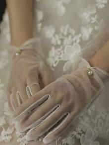 1 Pair Women's Spring/Summer Thin Lolita Bride Cosplay Lace Gloves With Bow, Versatile - White - View 6