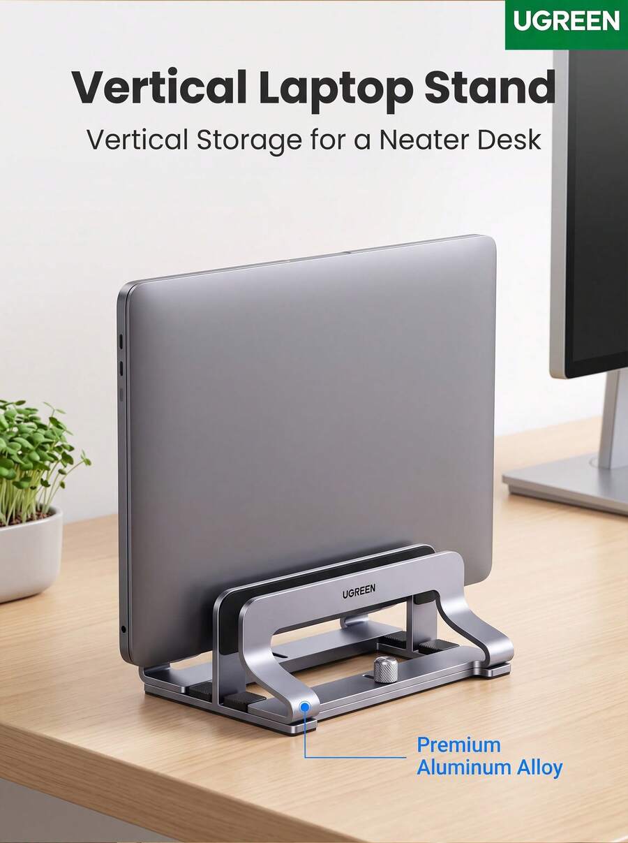 UGREEN LP258 Vertical Laptop Stand, Adjustable Width, Multi-Sided Silicone Anti-Slip, Hollow Heat Dissipation, Aluminum Alloy Stable And Durable, Compatible With Apple MacBook, Lenovo, HP, And Other Laptops - View 1