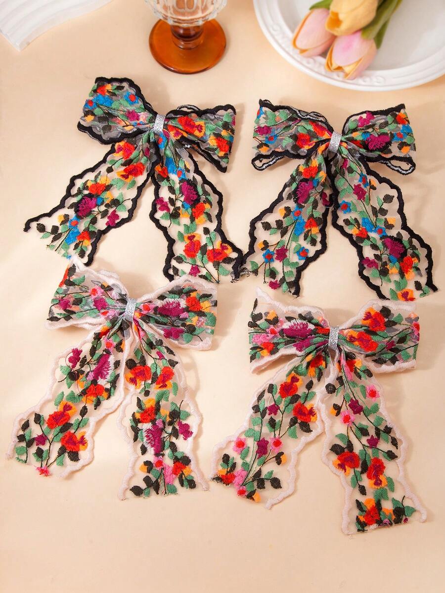 1件女款新款彩色刺繡蕾絲花卉大蝴蝶結緞帶春季髮夾，Ins風多功能後腦髮飾，適合日常佩戴、旅行、海灘度假，時尚女性髮飾 - 彩色 - 查看 1