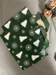 30/20/10/1pc Christmas Style Green Background Snow Tree Tote Bag/Gift Bag/Shopping Bag For Her/Him, Full Print White Christmas Tree And Snowflake Pattern, Rich And Fresh Christmas Atmosphere, Christmas Tree Shape Easy To Match - Multicolor - View 4