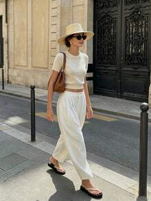 PEONY Women's Summer Casual Elegant Minimalist Solid Color Spring Summer Autumn Discount Pocket White Loose Curved Balloon Pants, Summer Long Pants, Non-See-Through Skin-Tone Stretch Comfortable Fabric, Suitable For Summer Vacation, Beach Holiday, Daily, Commute, Back To School, Party, Graduation Ceremony, Festival, Beach - White - View 9