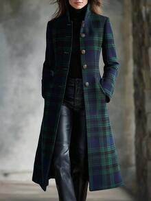 Ladies' Autumn And Winter Scottish Plaid Stand Up Collar Long Coat, Retro Single Breasted Slim Casual Jacket KORTNEY12 - Green - View 2
