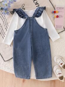 Baby Girl's 2pcs Set: Heart Embroidery Ruffle Pocket Denim Bib Pants + White Ribbed Long Sleeve T-Shirt, Preppy Style - White - View 4