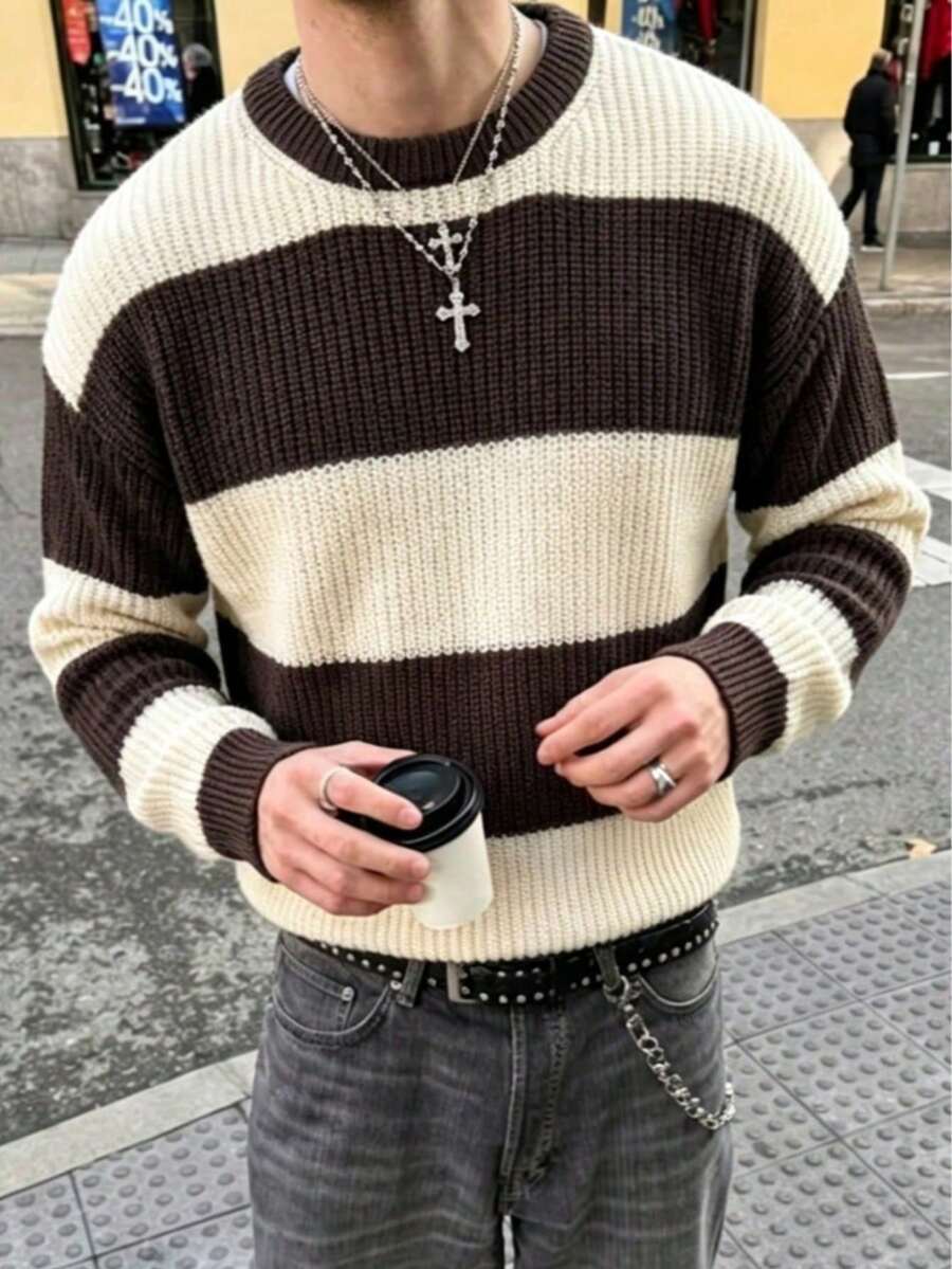 ANDREILEE 秋冬拼色條紋圓領套頭毛衣,極簡高街風男士輕量針織上衣 - 棕色 - 查看 1