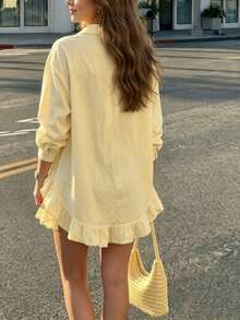 Women's Plus Size Yellow Shirt Dress, Classic Collar Design, Long Sleeve, Front Button Closure, Double Layer Ruffle Hem, Loose Fit, Suitable For Beach Vacation As Casual Outerwear Or Robe-Style Dress - Yellow - View 4
