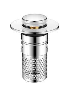 1pc Universal Push-Down Pop-Up Sink Stopper With Plastic Core, Anti-Clogging Hair Filter Basket, Easy To Remove And Clean, Bathroom Sink Replacement Drain Accessory, Home And Apartment Anti-Clogging Drain Fitting - Silver - View 4