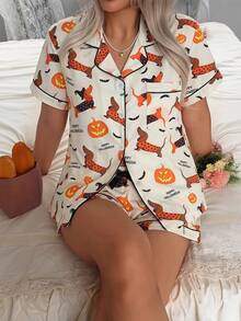 2pcs Set Piyama Wanita Motif dan Anjing Sosis Halloween, Atasan Lengan Pendek Berkerah dan Celana Pendek Berpita, Musim Semi/Panas - Aprikot - View 5