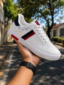 Sapatênis masculino Tênis branco e preto Sapato casual Leve Confortável Lançamento - branco-vermelho - Visão 5