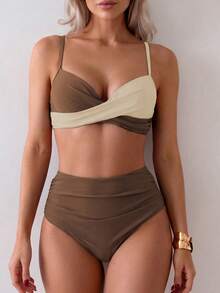 Summer Solid Color Elegant Bohemian Double Strap Sweet Style Two Pieces Bikini Swimsuit Beach Vacation Set - Multicolor - View 5