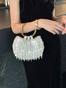 Women Evening Handbags,Half Moon Ring Top Handle Bag, White Bead Tassel Sequin Pattern,Large Gold Round Ring Handle For Wedding Prom Gala Club Party - Champagne - View 7