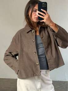 Women Lapel Collar Corduroy Cropped Jacket, Button Down Long Sleeve Solid Casual Fall Outerwear - Brown - View 3