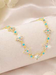 1pc Gentle Floral Patchwork Bracelet, Four-Petal Flower With Rhinestones And Blue Beads, Date Outfit Accessory - Type a - View 1