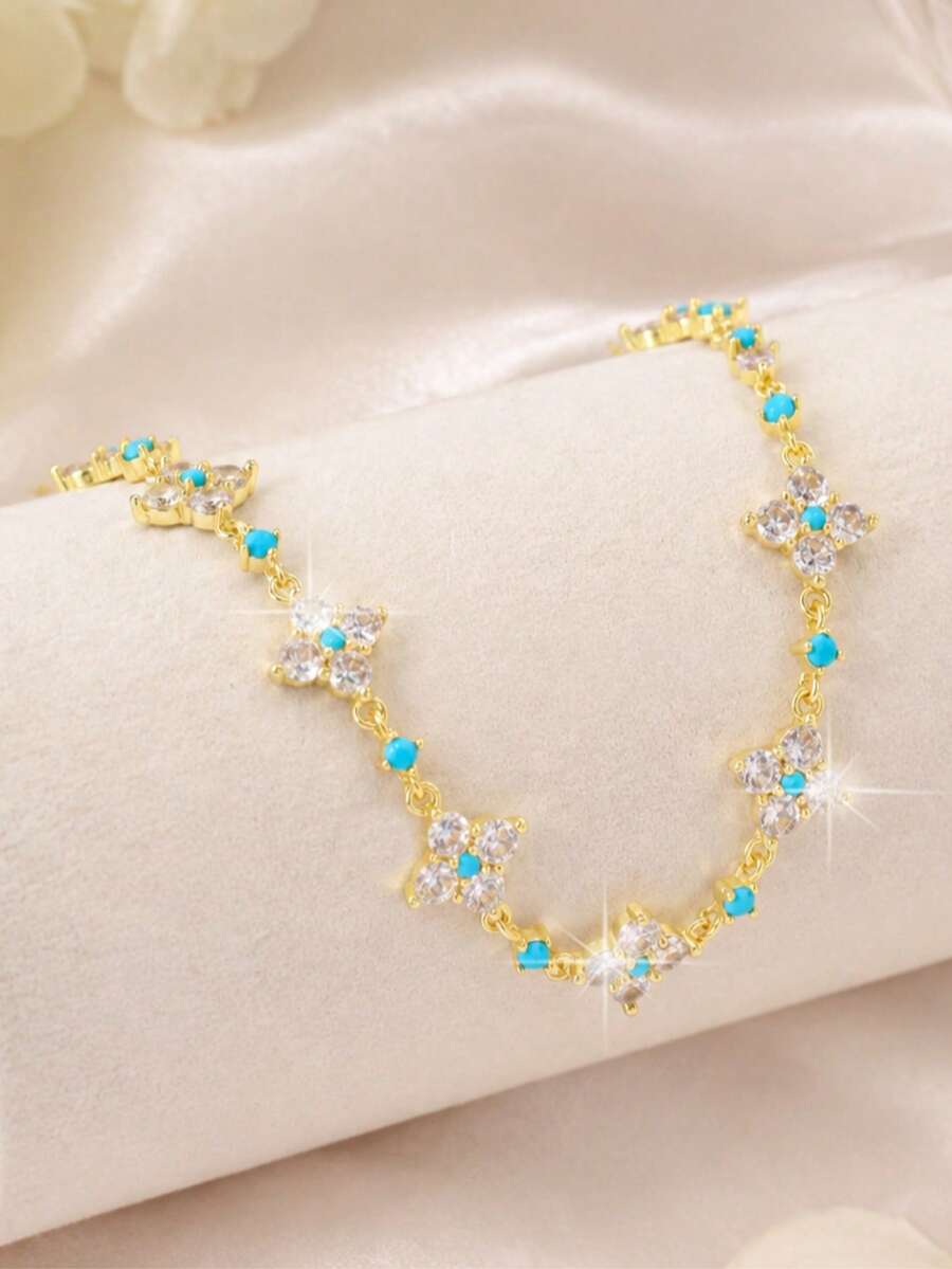 1pc Gentle Floral Patchwork Bracelet, Four-Petal Flower With Rhinestones And Blue Beads, Date Outfit Accessory - Type a - View 1