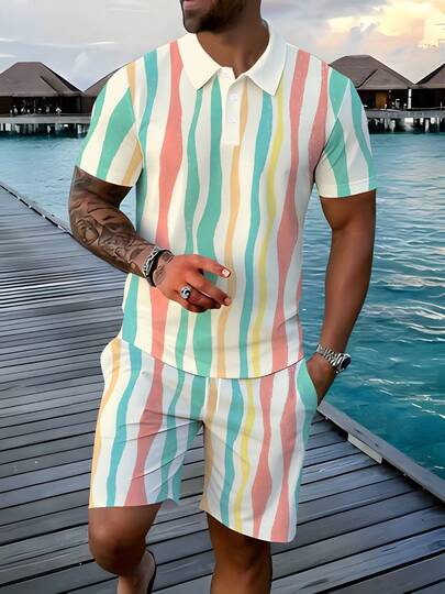 Men'S Short-Sleeve Polo Shirt Set, Casual Summer Vacation Style, Print Short-Sleeve T-Shirt + Shorts, Slightly Stretchy, Regular Fit,