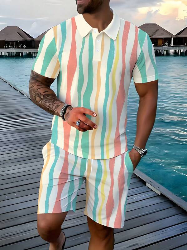 Men'S Short-Sleeve Polo Shirt Set, Casual Summer Vacation Style, Print Short-Sleeve T-Shirt + Shorts, Slightly Stretchy, Regular Fit,