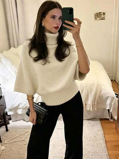 Women's Casual Autumn/Winter Solid Gray High Neck Batwing Sleeve Knit Top, Waist-Cinching Textured Design, Daily Commute Office Pullover