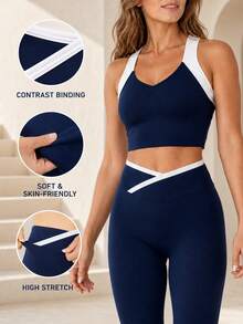 Women's Colorblock Criss-Cross Strap Sports Set, High-Waisted Butt-Lifting Leggings And Cropped Sports Top 2 Pieces Set Summer - Navy Blue - View 4