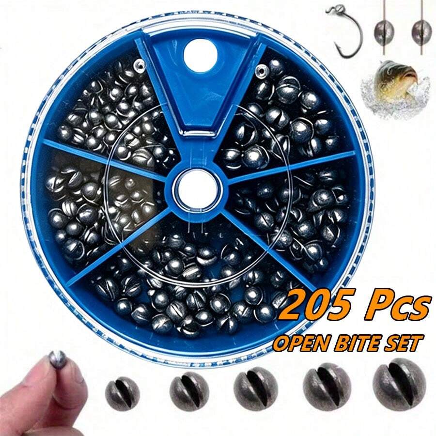 205pcs Premium Fishing Sinkers With Convenient Storage Box - 5 Round Sizes, Suitable For Precise Casting And Deep Water Fishing - Silver - View 1