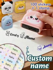 1 Stamp + 100 Stickers, Customized Name Stamp Set, Personalized Cute Cartoon Style Stamp, Customized Name Label Stamp With Matching Stickers, Suitable For Home, Office, 3 Ink Colors, Daily Organization, Customizable Gift For Friends And Family - Style a - View 1