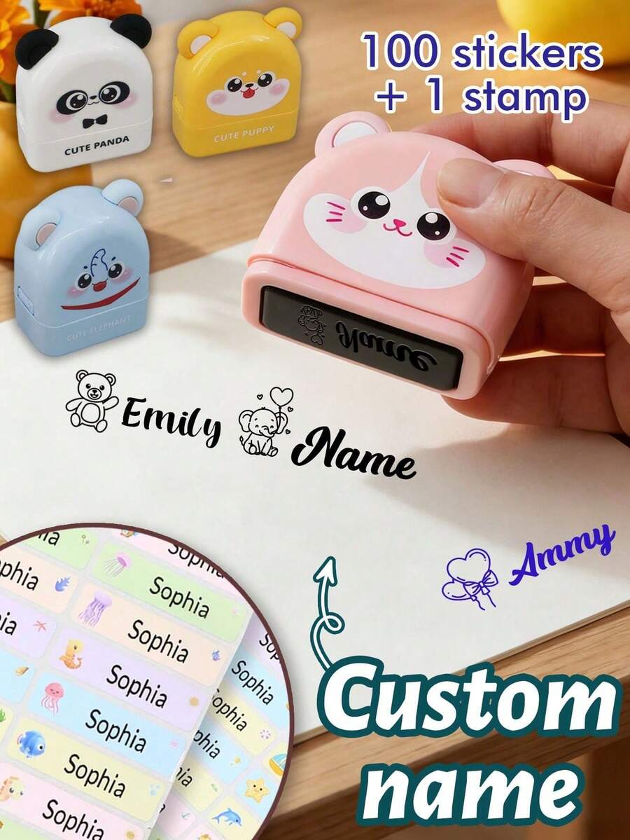 1 Stamp + 100 Stickers, Customized Name Stamp Set, Personalized Cute Cartoon Style Stamp, Customized Name Label Stamp With Matching Stickers, Suitable For Home, Office, 3 Ink Colors, Daily Organization, Customizable Gift For Friends And Family - Style a - View 1