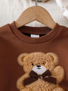 Korean Style Baby Vintage Bear Casual Set, Flocked 3D Bear Crew Neck Top, White Base All-Over Print Bear Elastic Leggings, Infant Toddler Spring Autumn 2-Piece Set - Khaki - View 3