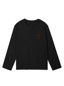 Women's Spring/Autumn Loose Fit Versatile Round Neck Fashion Casual Letter & Rose Print Long Sleeve T-Shirt - Black - View 6