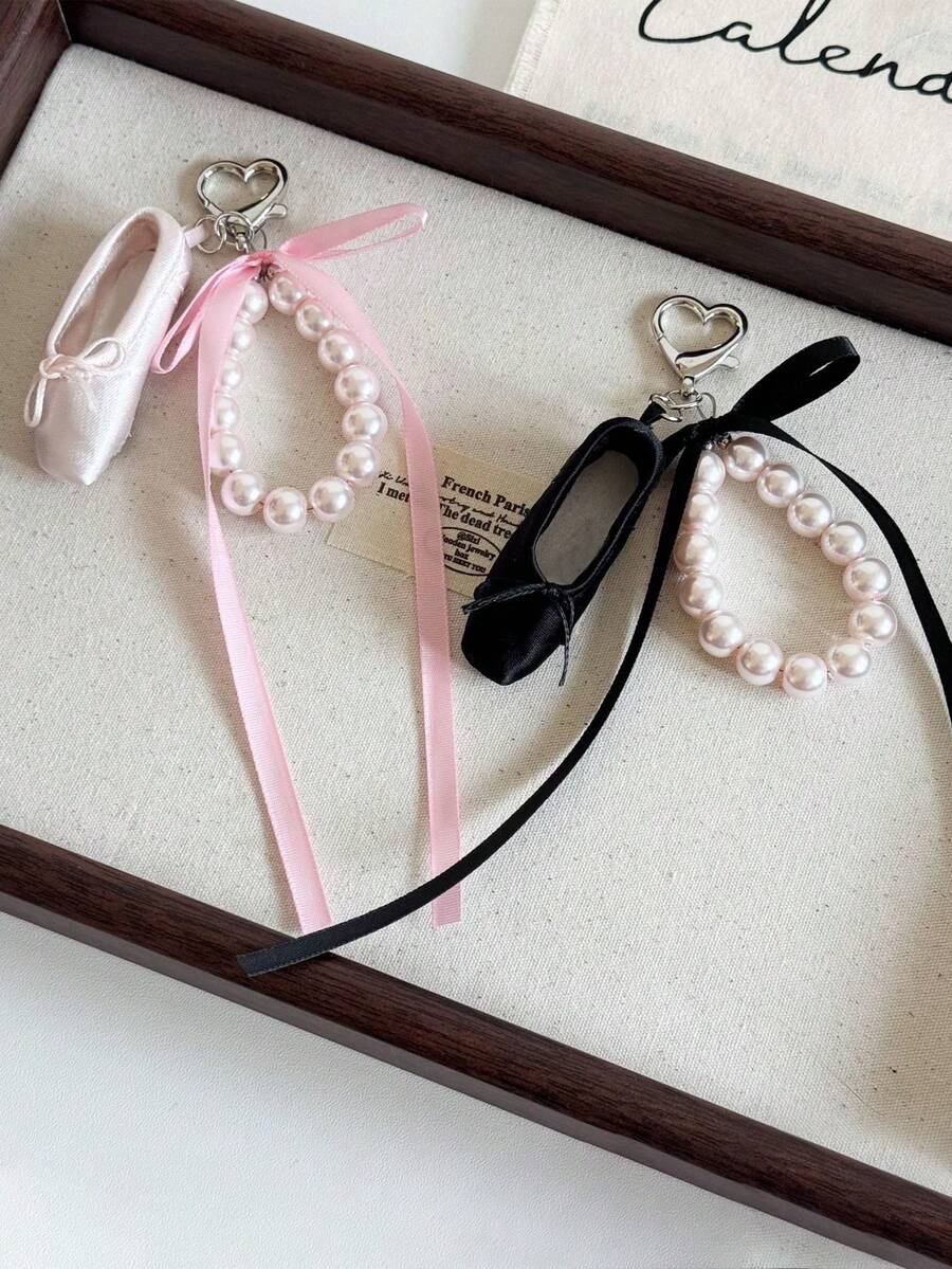 1pc INS Style Bow Ballet Shoes Pendant Pearl Keychain French Pearl Dance Shoes Bag Charm - Multicolor - View 1