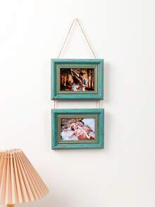 1pc Vintage Green Distressed Faux Wood Wall Hanging Photo Frame, Multi-Photo Collage Frame, Rope Connected, Farmhouse Style Decorative Frame, Suitable For Travel Memories, Portrait Photos, Aesthetic Wall Decor - Green - View 13