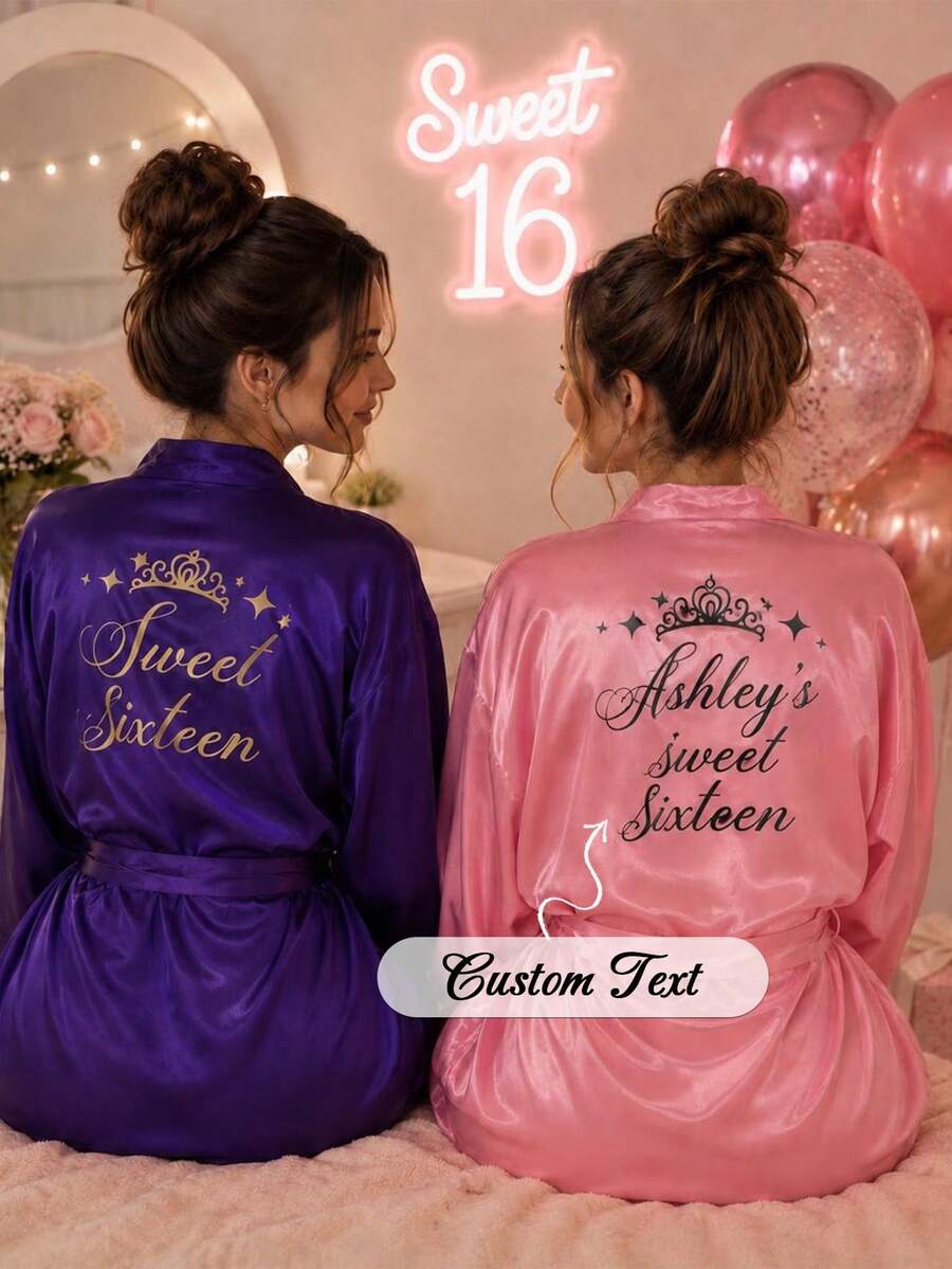 1pc Customized Personalized Pajama Set Or Robe - Satin Bridal & Bridesmaid Robe, Comfortable Loungewear, Customized Name Wedding Robe, Embroidered Design, Exclusive Bridesmaid Outfit, Personalized Satin Long Robe, Customized Bridal Outfit, Lace Trim Robe - Multicolor - View 1