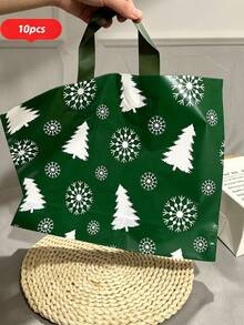 30/20/10/1pc Christmas Style Green Background Snow Tree Tote Bag/Gift Bag/Shopping Bag For Her/Him, Full Print White Christmas Tree And Snowflake Pattern, Rich And Fresh Christmas Atmosphere, Christmas Tree Shape Easy To Match - Multicolor - View 10