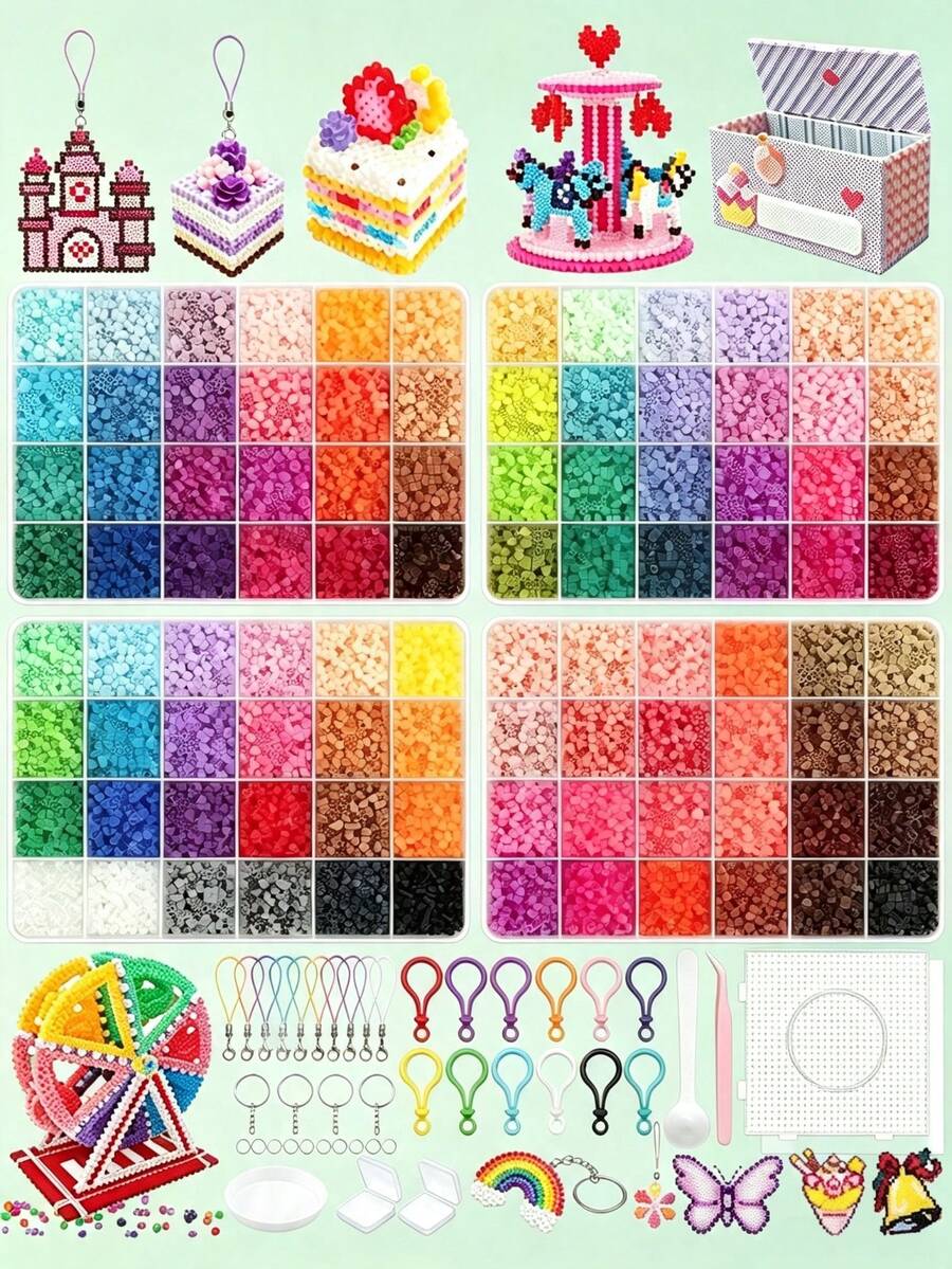 Kit Manik-Manik Fuse 24/48/72/96 Warna Buatan Tangan, Termasuk Papan Pasak Persegi, Kotak Penyimpanan Berlapis-lapis, Kertas Setrika, Gantungan Kunci, Aksesoris Dekoratif dan Tali Gantung, Kit Seni Manik-Manik DIY Buatan Tangan, Cocok untuk Hadiah Liburan, Perayaan, Ulang Tahun dan Hari Valentine