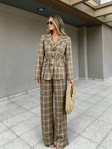Women's Plaid Lapel Tie Blazer And Wide Leg Pants Set, With Buttons, Suitable For Autumn/Winter Wear - Multicolor - View 1