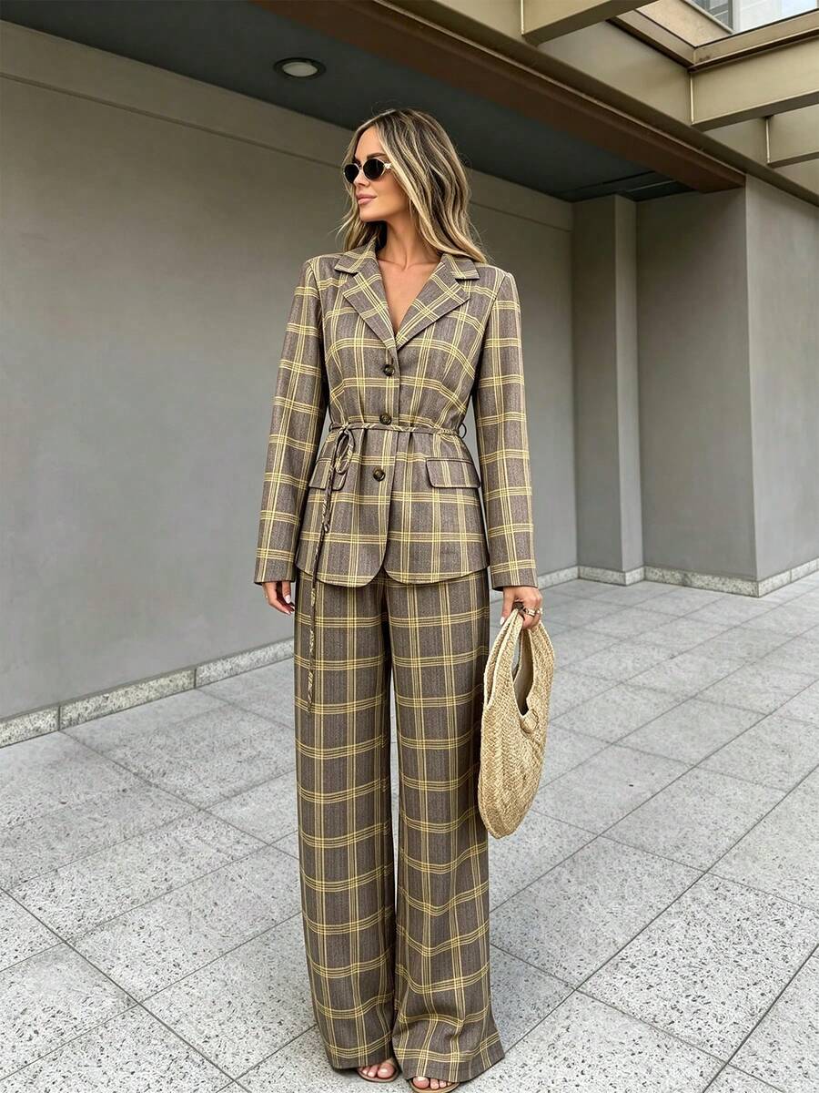 Women's Plaid Lapel Tie Blazer And Wide Leg Pants Set, With Buttons, Suitable For Autumn/Winter Wear - Multicolor - View 1