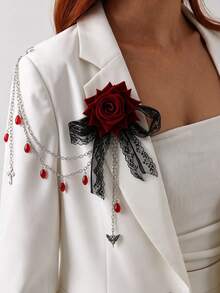 1Pc Metal Gothic Rose Bow Brooch, Black Lace Red Rose Tassel Pin, Halloween Punk Floral Badge, Party Costume Accessory - Multicolor - View 5