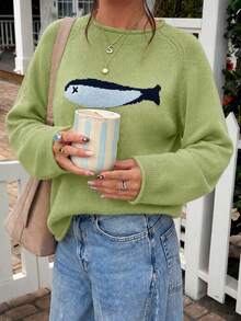 Pullover Rajut Jacquard Motif Ikan Estetik Lucu untuk Wanita, Sweater Kasual Longgar Lengan Panjang Raglan Leher Gulung untuk Musim Gugur - Lime Green - View 2