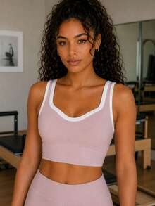 Sodalemon Women's Sports Bra Fitness Tank Top, Contrast Trim Design, Removable Padding, Wavy Neckline, Yoga Workout Tank, Gym Training Running Tank - Mauve Purple - View 6