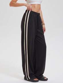 KyrLssu Side Stripe Star Embroidered Wide Leg Sweatpants, Elastic Drawstring High Waist Athletic Long Pants - Black - View 7