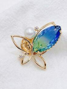 1pc Anti-Exposure Brooch For Women, Elegant Blue Pearl Butterfly Brooch Pin Accessory - Gold - View 3