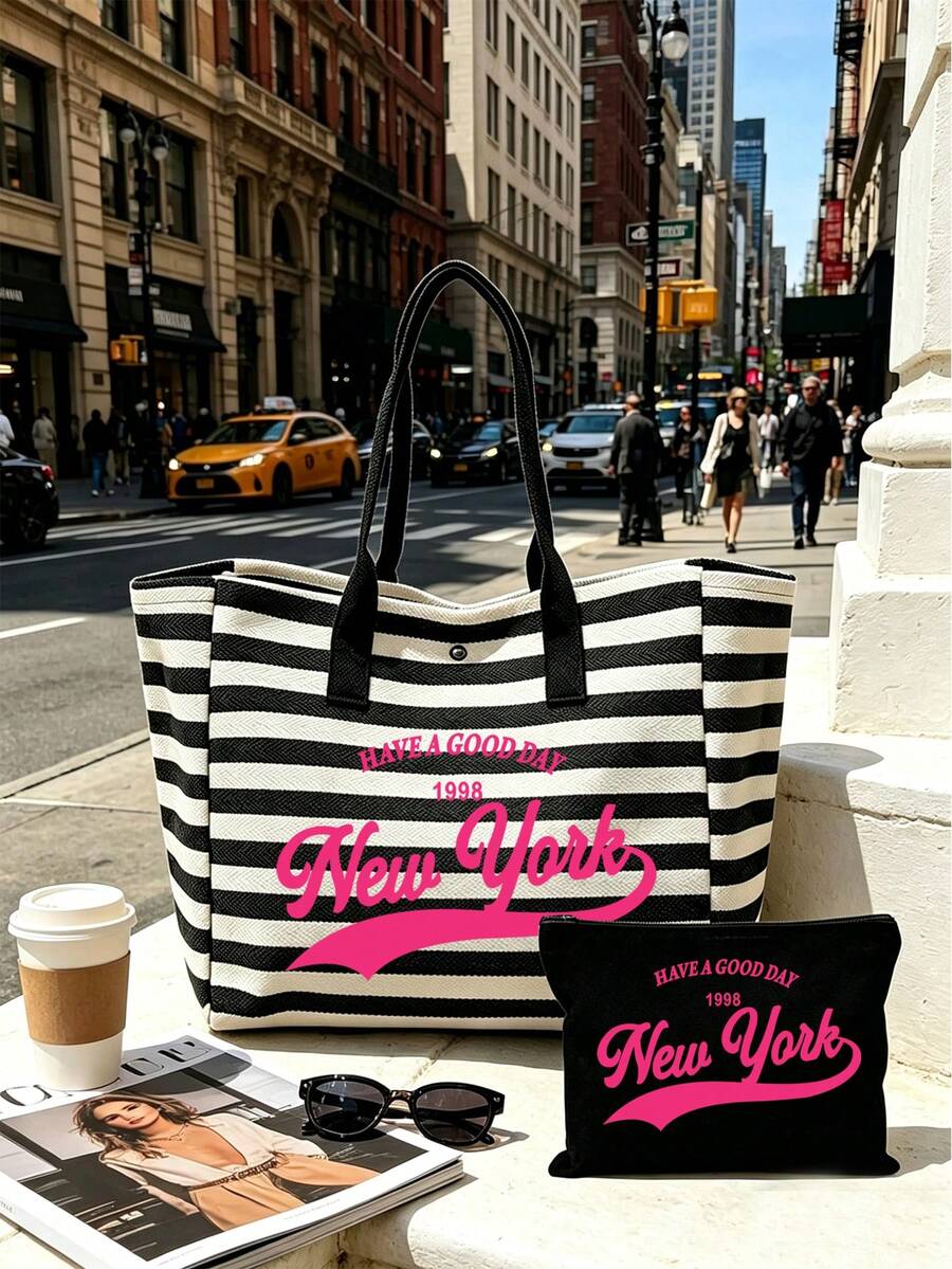 「New York」圖案帆布包套組，大容量黑白條紋沙灘托特包，可折疊帆布單肩包，防水防沙旅行包，適合夏季必需品，完美適用於沙灘旅行、游泳、購物和日常使用，女性、旅行者和沙灘愛好者的理想選擇，適合春假、復活節、度假和禮物，耐用編織材質，可用作沙灘包、購物袋和旅行伴侶，返校季適用
