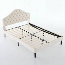 Upholstered Platform Bed Frame In Full Size With Adjustable Headboard, Velvet Single Bed With Wooden Slat Base, No Box Spring Needed, Easy Assembly, 140x200 Cm - 米色 - 查看 12