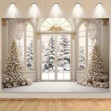 1 Piece Of Christmas Background Cloth, White Gold Indoor Snow Scene Christmas Tree Background, Christmas Photography Prop, Suitable For Decorating Birthdays, Showers, Weddings, And Family Events. - Multicolor - View 3