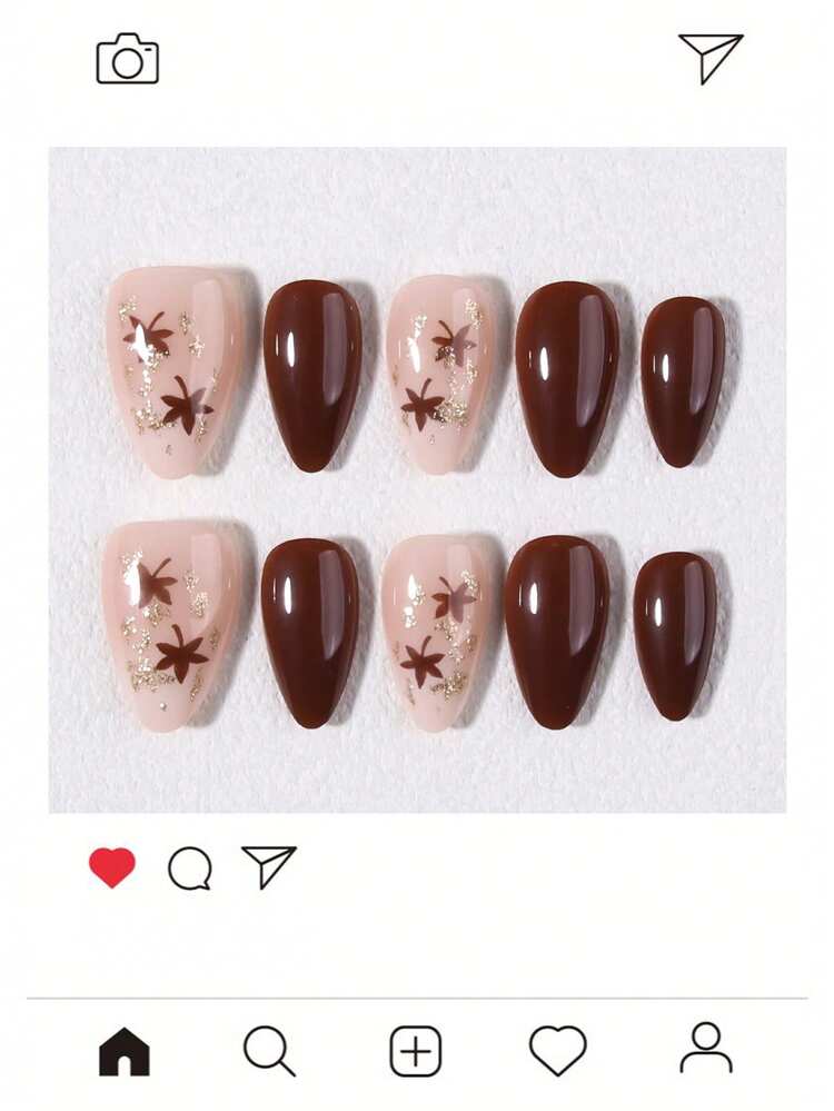 30pcs Short Almond Press-On Nails, Brown Nails With Maple Leaf Pattern Design, Acrylic Fake Nails. Set Includes: 1pc Jelly Glue And 1pc Nail File. Autumn/Winter Nail Art. - Brown - View 5