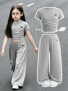 Young Girl Bow Print Short Sleeve Top And Loose Fit Pants Set - Grey - View 1