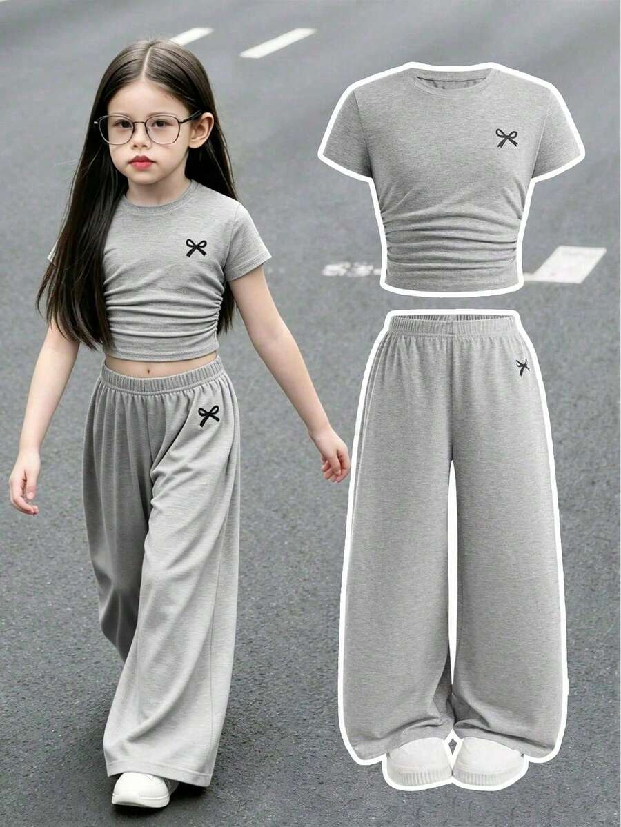 Young Girl Bow Print Short Sleeve Top And Loose Fit Pants Set - Grey - View 1