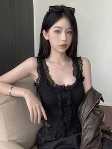 蕾絲飾邊拼接細肩帶背心上衣，夏季修身短版上衣，顯身材 - 黑色 - 查看 4