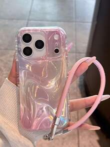 Premium Wavy Light Pink Leather Wrist Strap Compatible With 14 Pro Max Apple 16 Phone Case Full Edge Protection Women's 17 Anti-Drop Protective Cover 16 Pro Max Personalized 15 Niche - Pink - View 3
